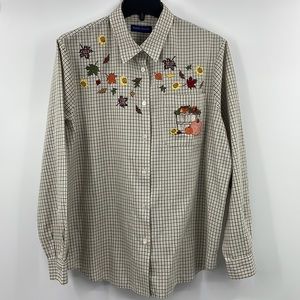 Vintage Karen Scott Embroidered Pumpkin Sunflower Leaves Plaid Shirt Size Large